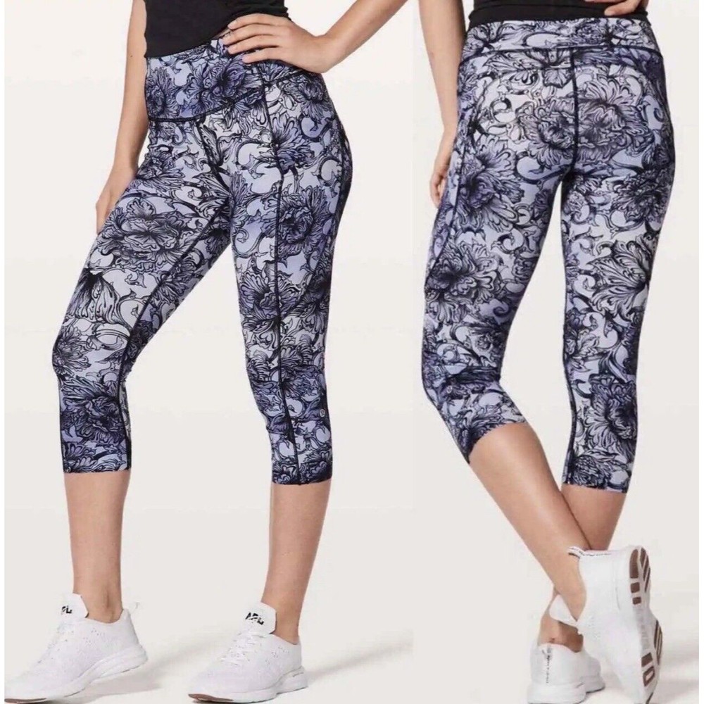 Lululemon Fast Free Hanakotoba Starlight Crop II Purple Floral Leggings 6 Run